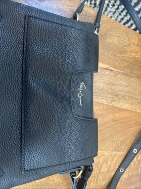 Foley + Corinna Black Pebbled Leather Mini Crossbody with Gold Logo
